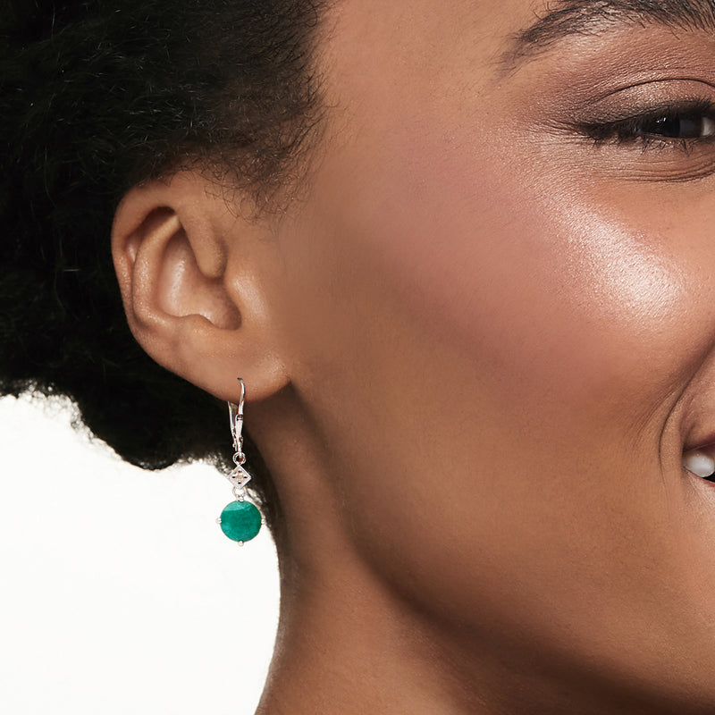 Sterling silver leverback emerald drop earrings with green stone and diamond detail