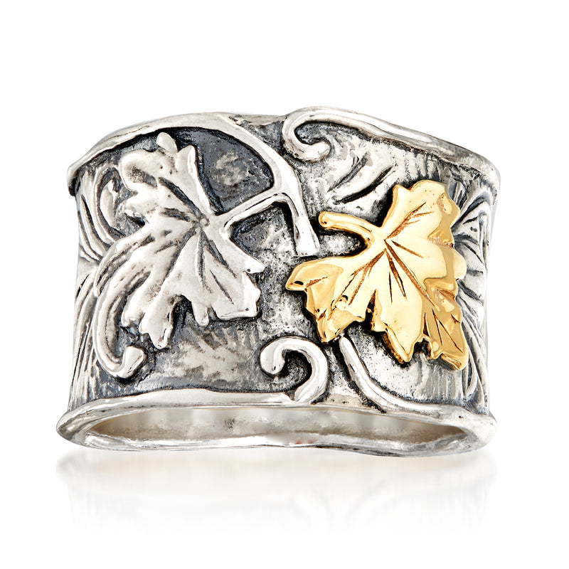 Sterling silver leaf ring with raised 14kt yellow gold leaf detail