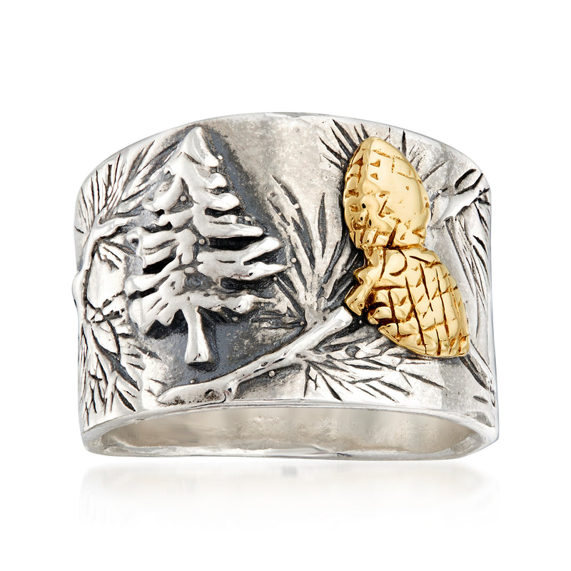 Sterling silver forest scene ring with raised yellow gold inlay animal
