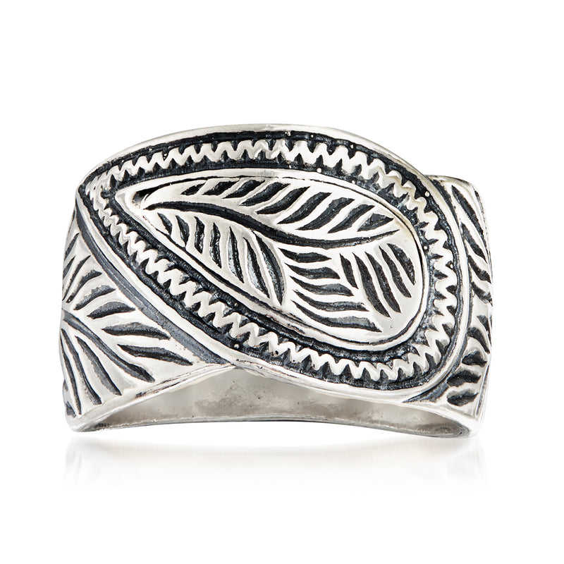 Sterling silver leaf ring with oval engraved leaf design and textured border