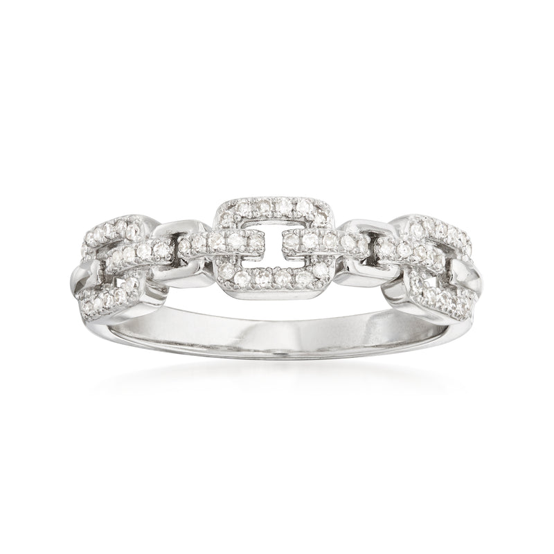 Sterling silver diamond paper-clip link ring with oval center and round stone accents