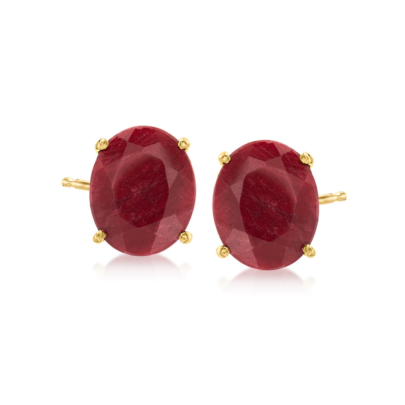 Ruby stud earrings with round red gemstones and gold-tone settings, small posts