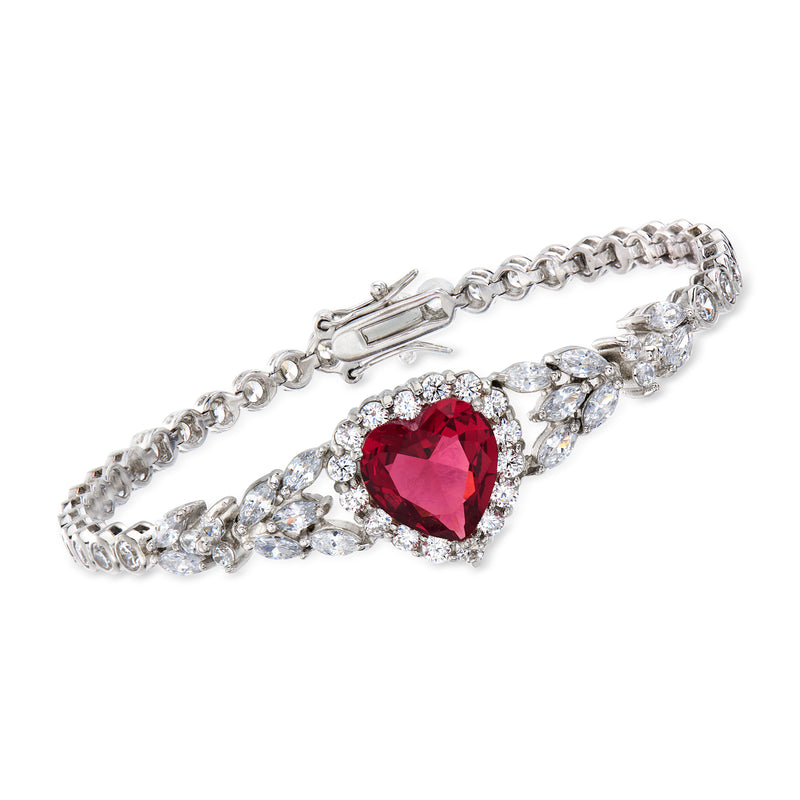 Sterling silver heart CZ bracelet with deep red center stone and crystal accents