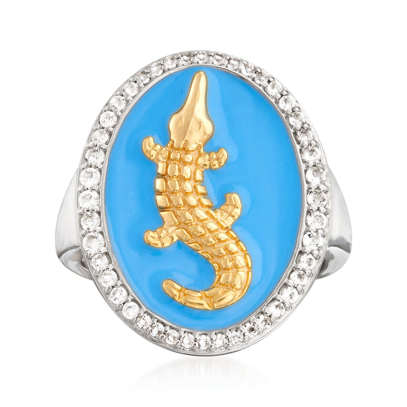 Two-tone sterling silver ring with oval blue enamel, gold alligator, and diamond-like halo