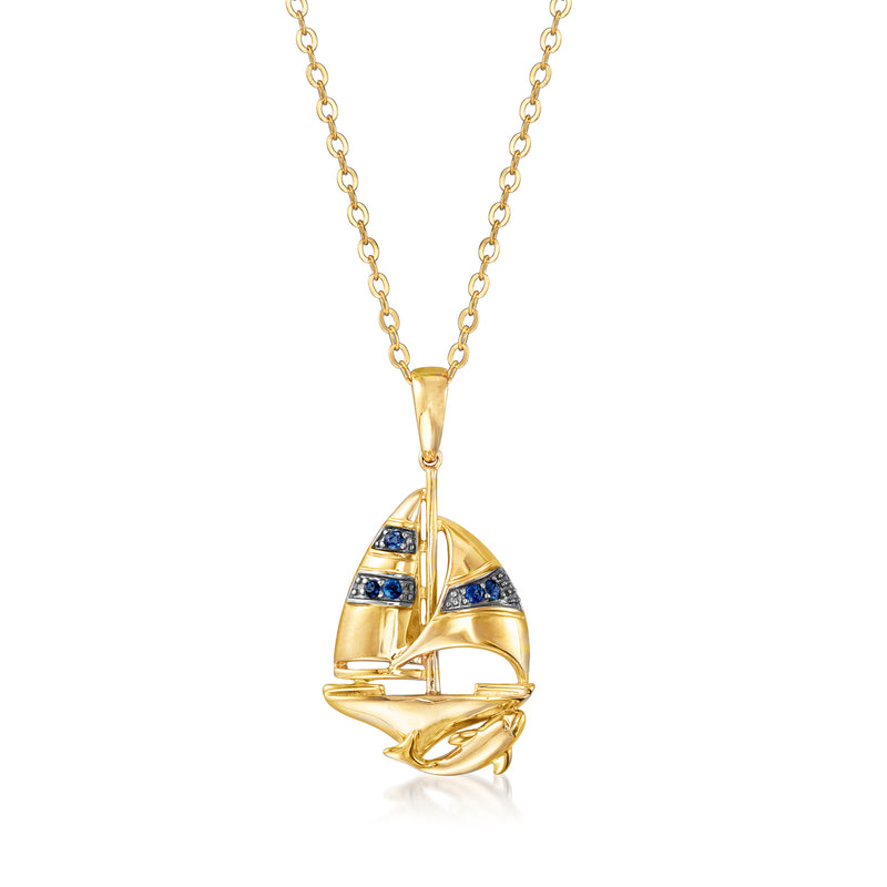 Gold sailboat pendant necklace with blue gemstone accents, 18kt gold-over-sterling