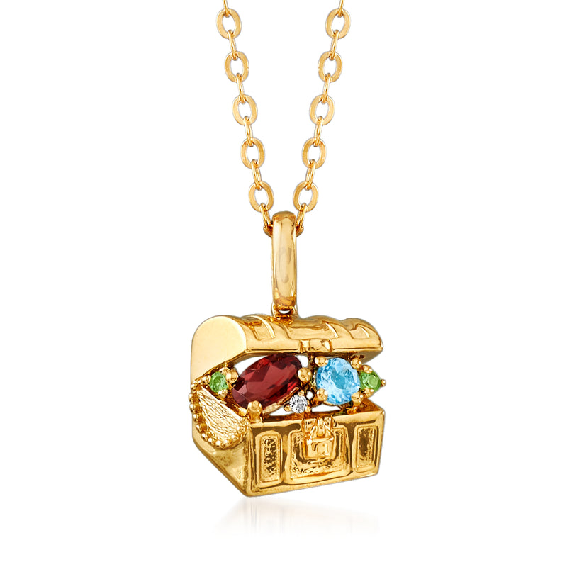 Gold-tone treasure chest pendant necklace with multicolor gemstones in open box