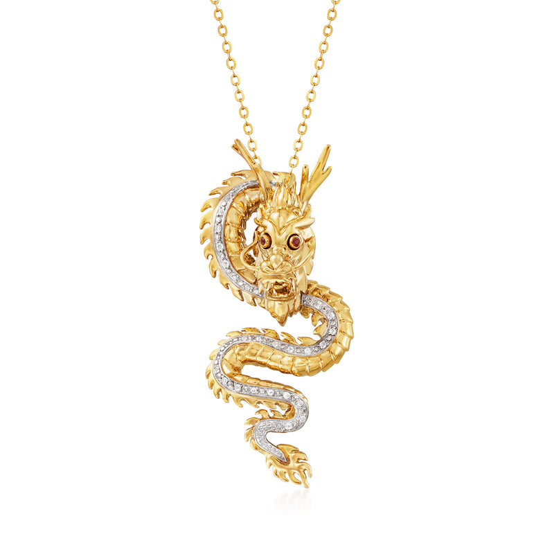 Gold dragon pendant necklace with white topaz and garnet accents on a chain