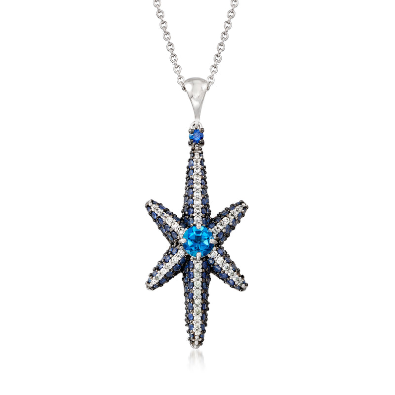 Sterling silver star pendant necklace with blue multi-gem stones and cross-like settings