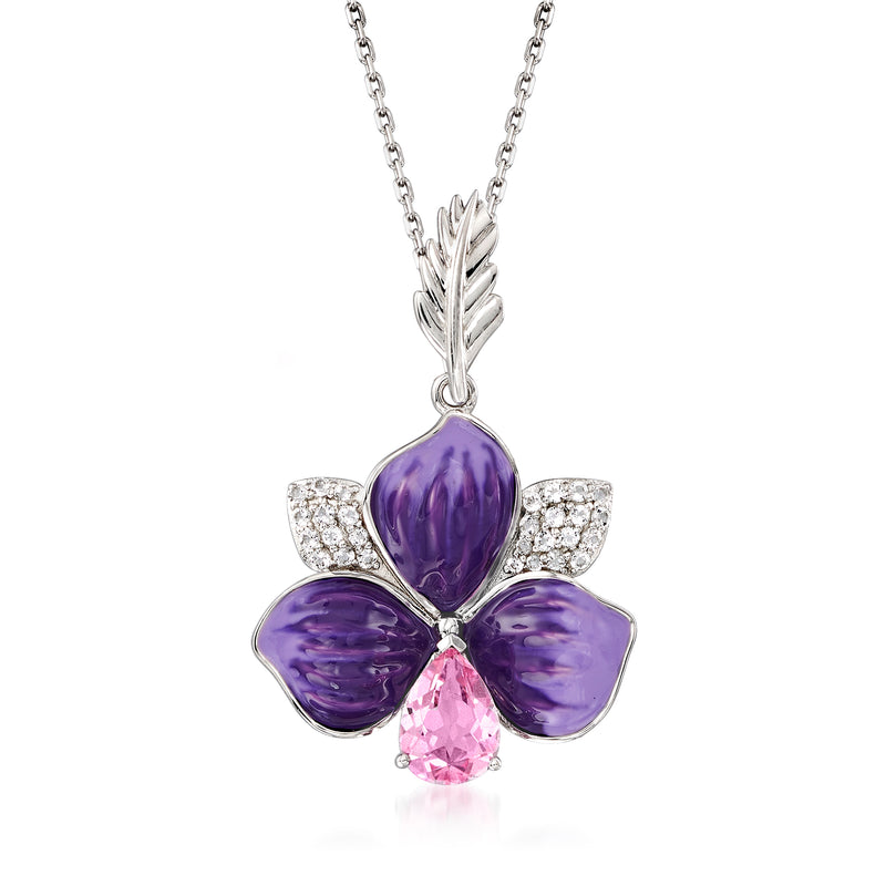 Sterling silver flower pendant necklace with purple enamel petals and pink center stone