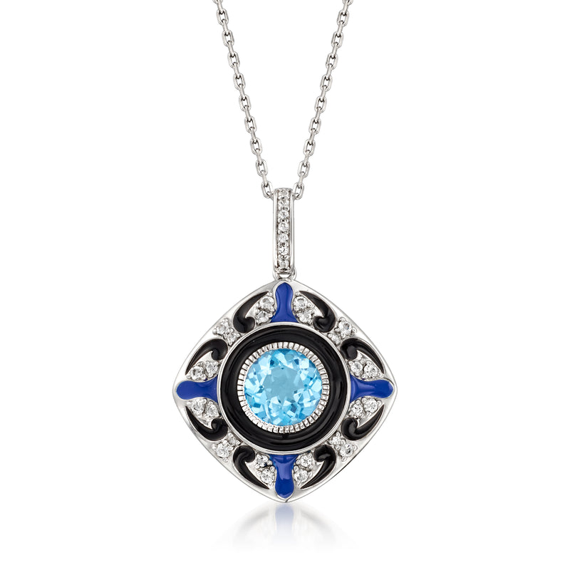 Sterling silver pendant necklace with blue topaz center and enamel accents