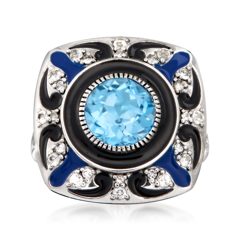 Sterling silver ring with light blue topaz center, blue enamel and black accents