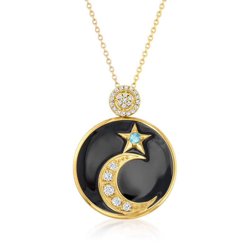 18kt gold over sterling moon-and-star pendant necklace with black enamel and blue stone