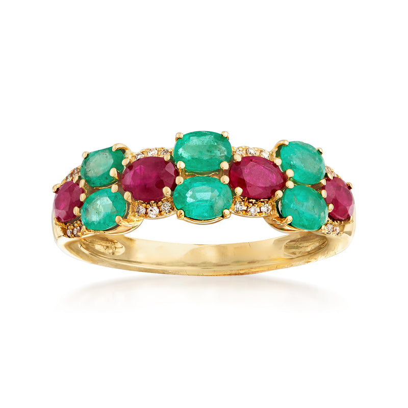 14kt yellow gold ring with oval green emerald, oval ruby, and diamond accents