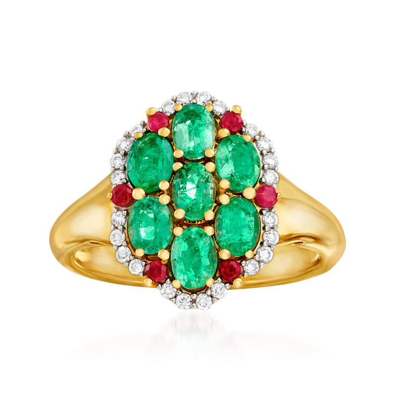 14kt yellow gold ring with emerald center, ruby accents, and diamond halo