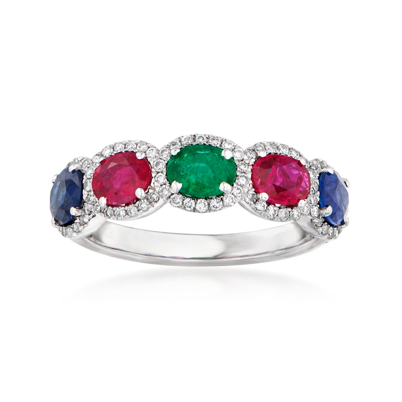 14kt white gold ring with round diamond halo and green, pink-red, blue gemstones
