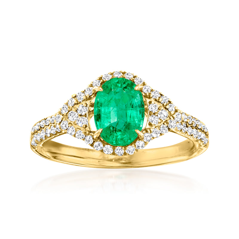 14kt yellow gold ring with oval emerald center and diamond halo split shank