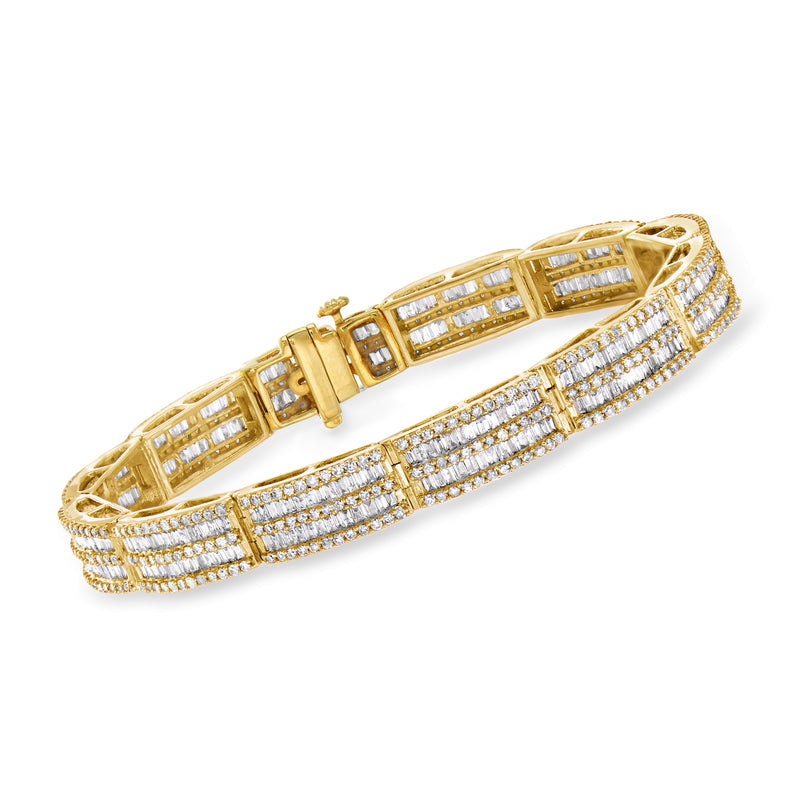 14kt yellow gold diamond bracelet with baguette and round stones, 3-row design