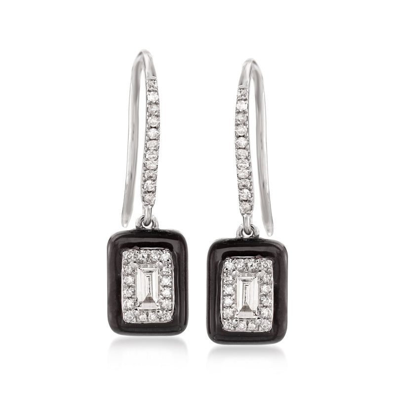 Square black enamel diamond drop earrings in 18kt white gold with hoop earwires
