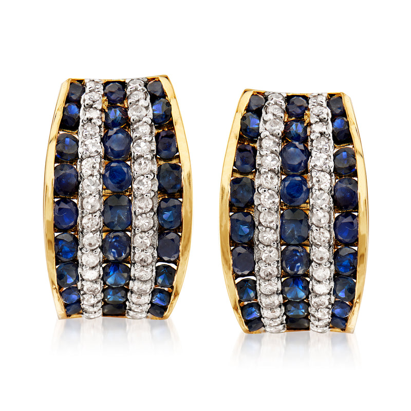 14kt yellow gold hoop earrings with blue sapphire and white diamond rows
