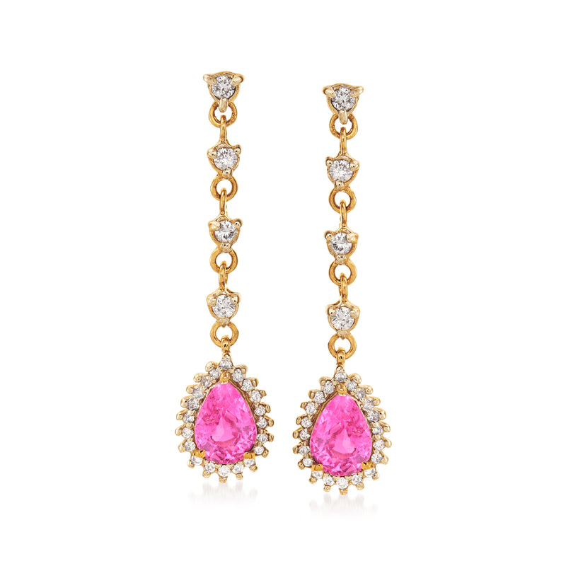 14kt yellow gold drop earrings with pink pear sapphire and round diamond accents