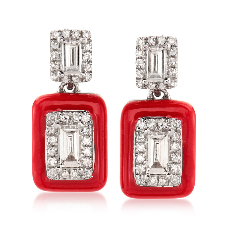 Red enamel diamond drop earrings in 18kt white gold with square halo settings