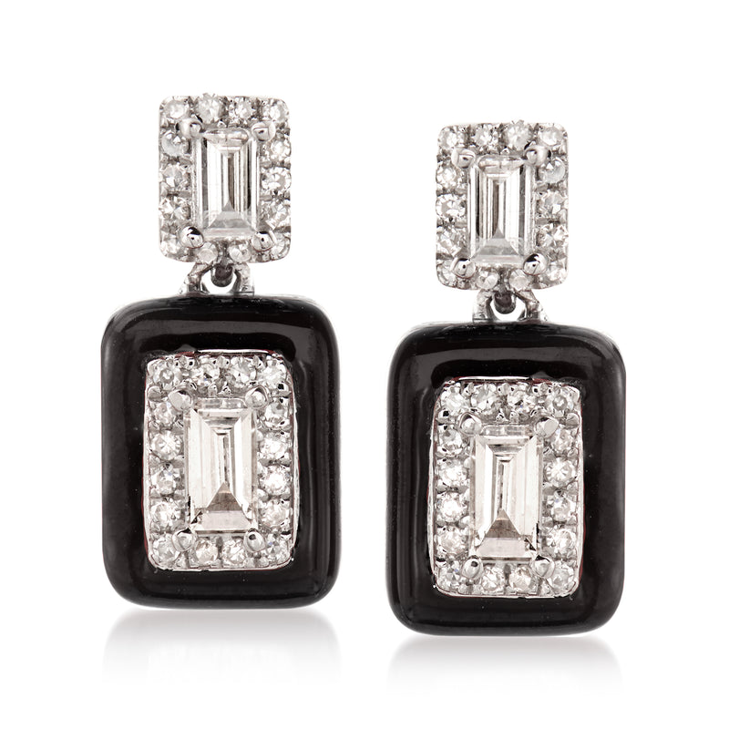 Diamond drop earrings with black enamel square, diamond halo, in 18kt white gold