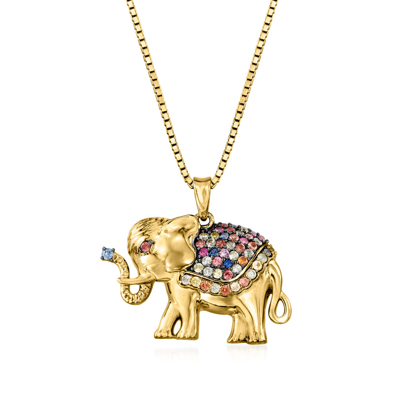 Elephant pendant necklace in gold-tone with multicolored gemstone belly and chain