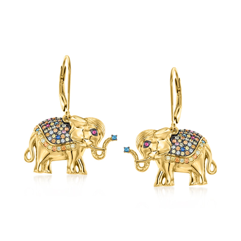 Gold-tone elephant drop earrings with multicolored gemstone inlays, hinged leverbacks