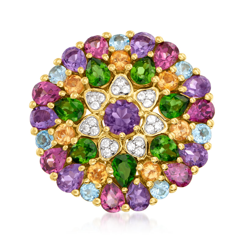 18kt gold-tone flower ring with multicolor round gemstones and gold prongs