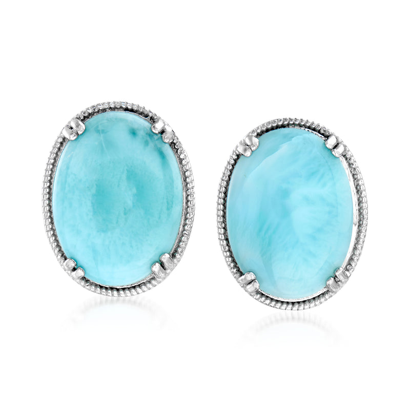 Oval larimar-blue gemstone stud earrings with sterling silver filigree border.