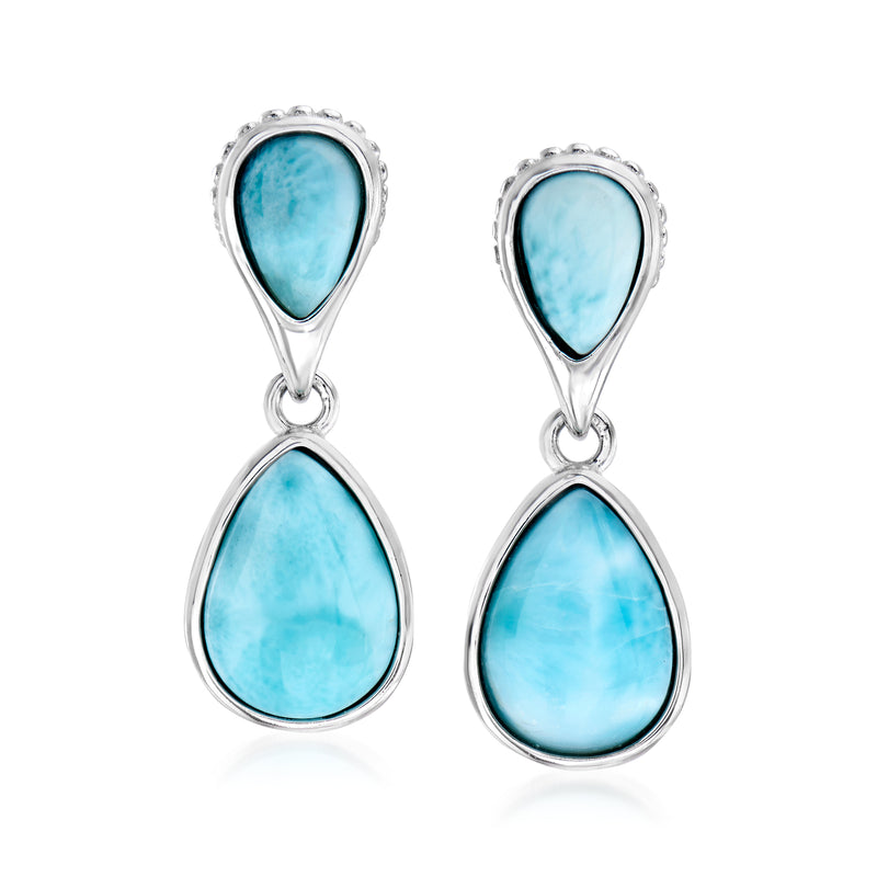 Sterling silver pear-shaped larimar drop earrings with two teardrop blue stones
