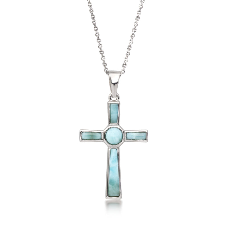 Sterling silver cross pendant necklace with blue larimar-style inlay stones