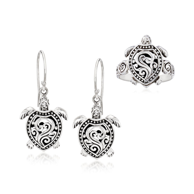 Sterling silver Bali-style set with turtle drop earrings and matching heart ring