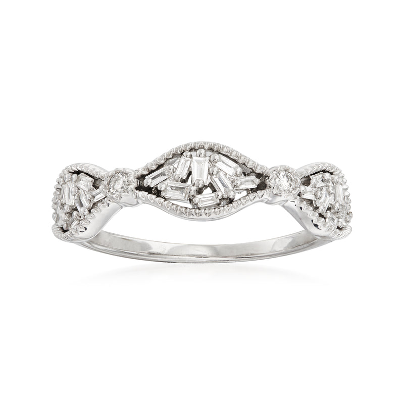 14kt white gold diamond cluster ring with emerald-cut center and round side stones