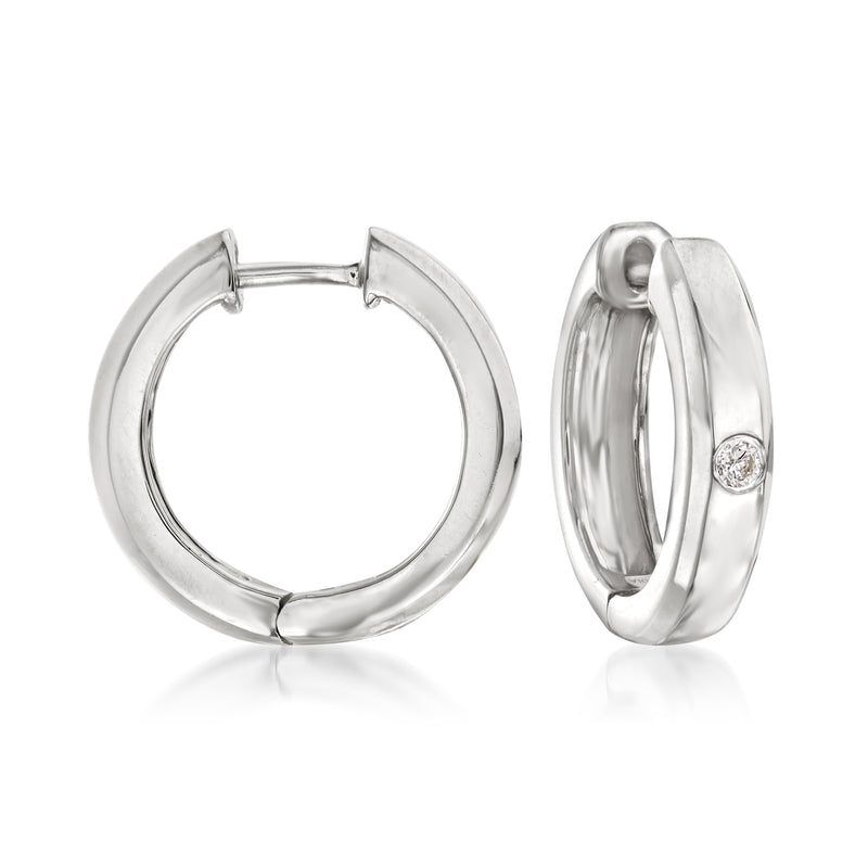 Sterling silver hoop earrings with small round diamond accent, hinged clasp