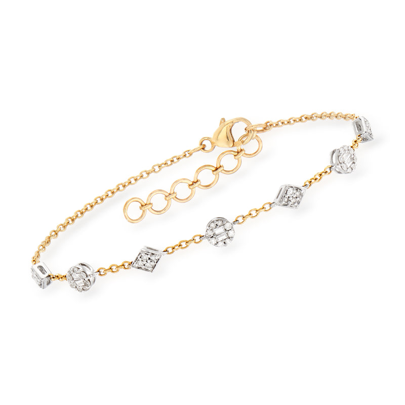 14kt two-tone gold diamond station bracelet with chain links and round & square-cut stones