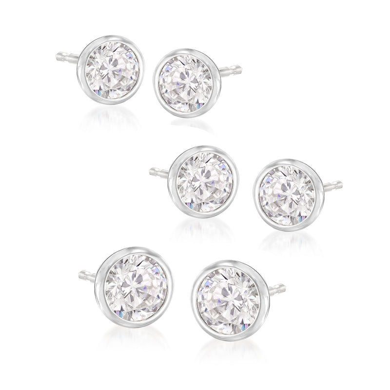 Sterling silver CZ stud earring set with three pairs of round clear stones