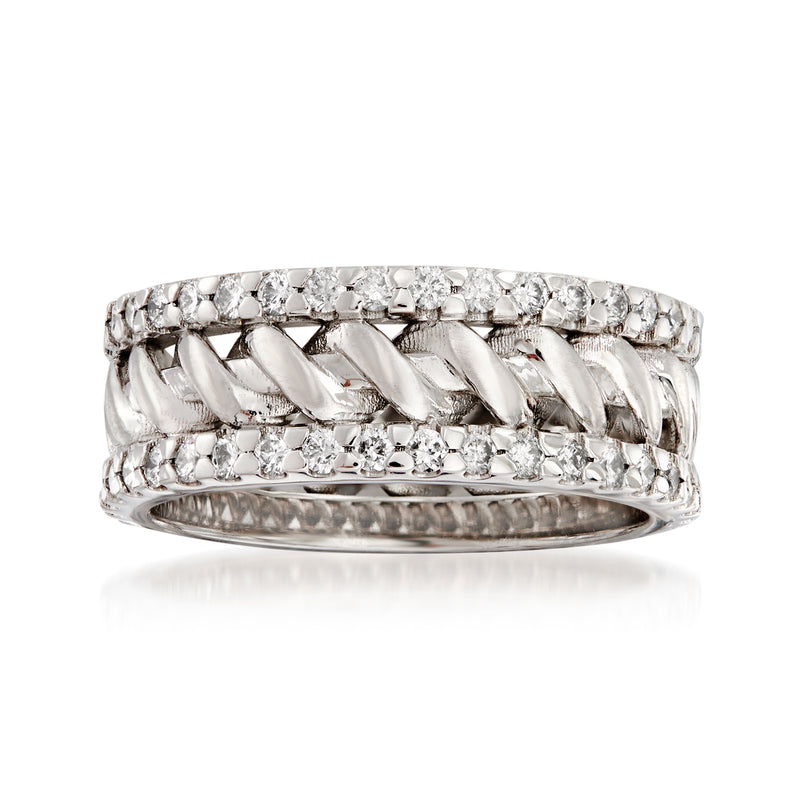 Diamond wedding band in 14kt white gold with woven center and pavé edges