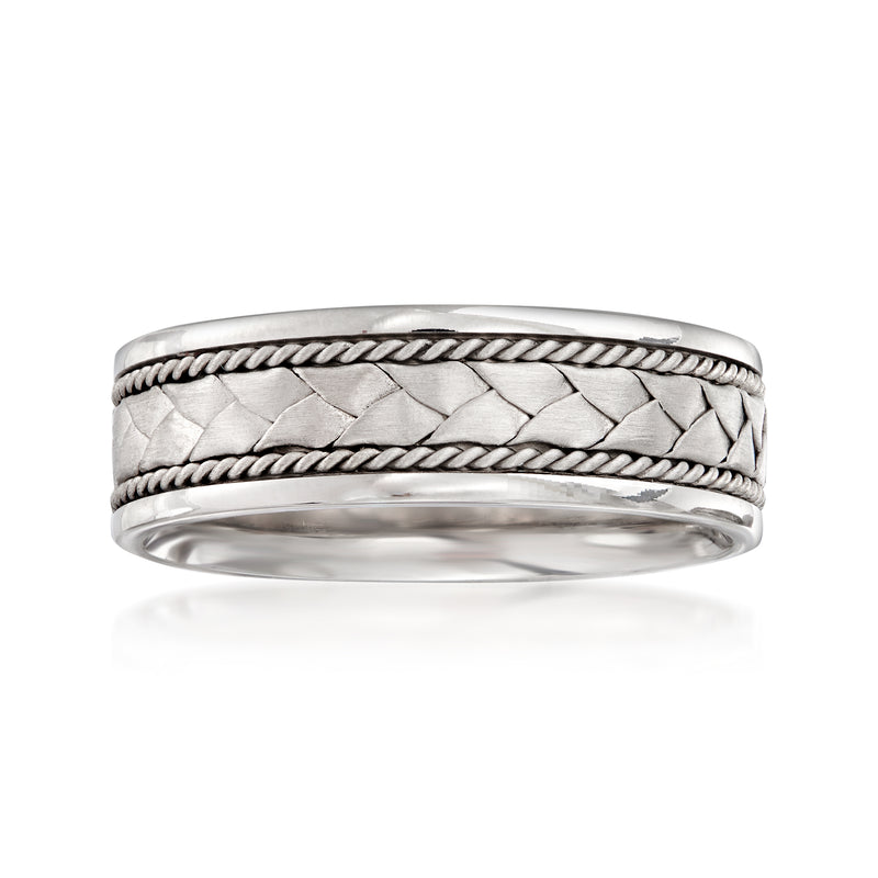 Men's 7mm 14kt white gold braided and twisted wedding band, polished finish