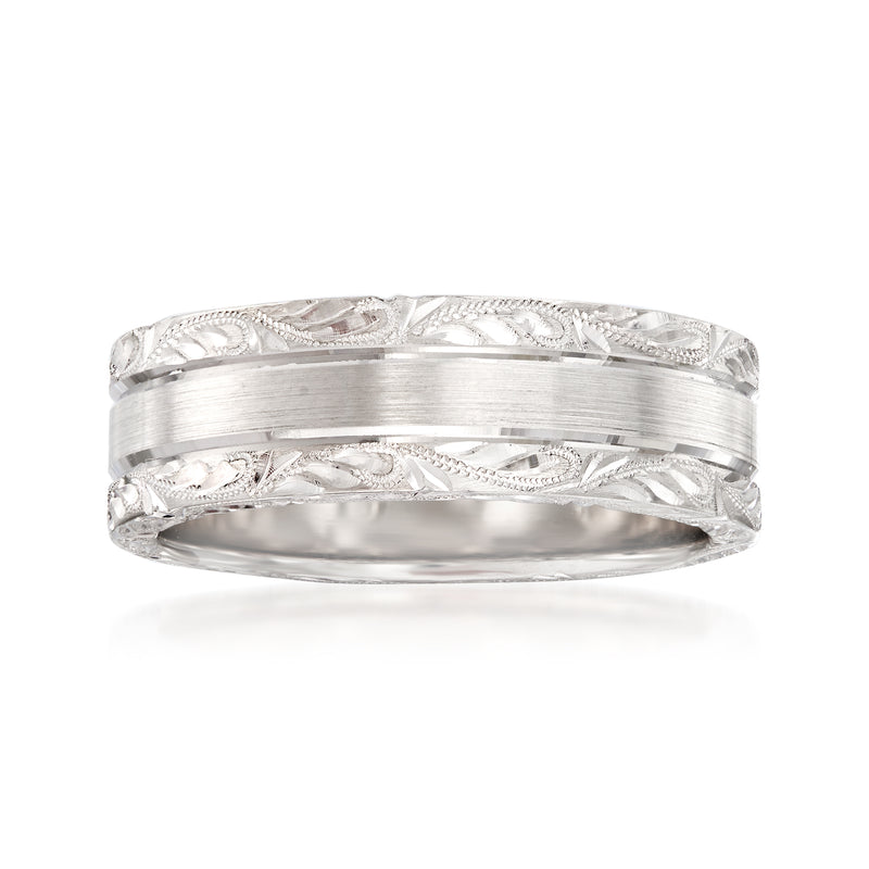 Men's 7mm white gold wedding band with engraved rope-style ridges and smooth center