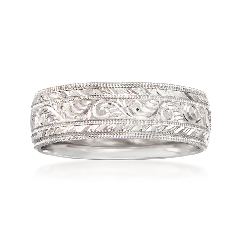 14kt white gold wedding band with hand-engraved decorative scroll ridges