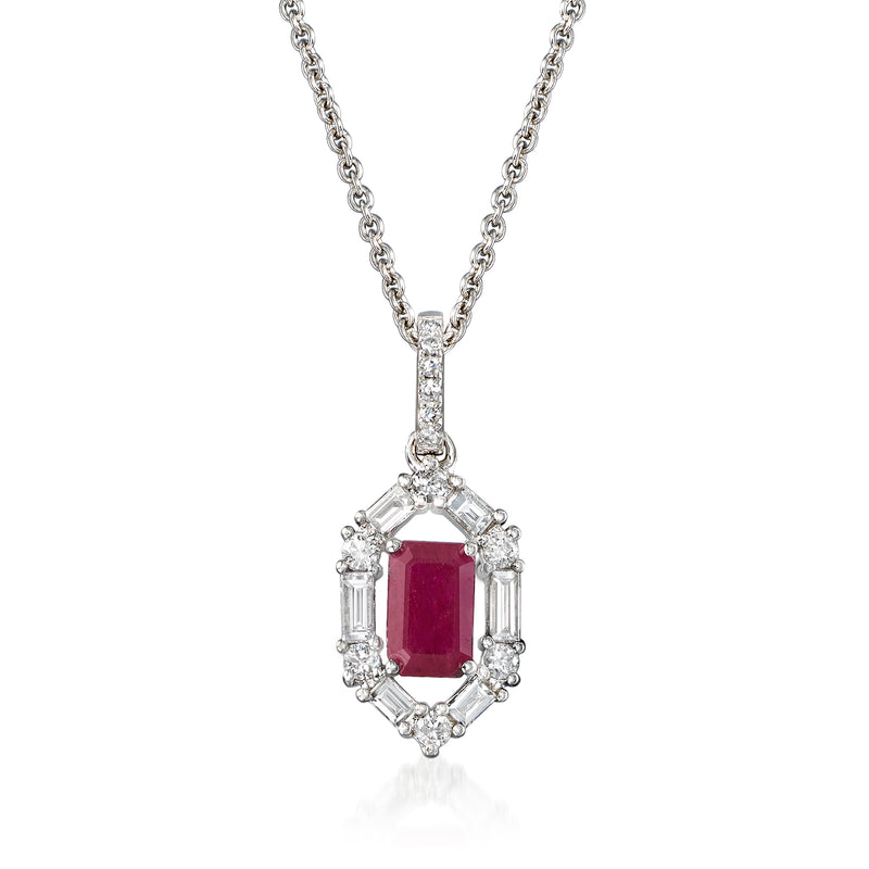18kt white gold pendant necklace with oval red ruby center and diamond halo, chain included