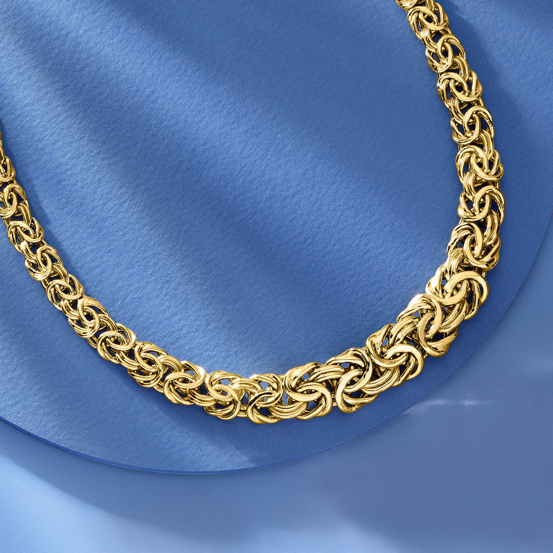 18kt yellow gold graduated Byzantine link necklace, close-up