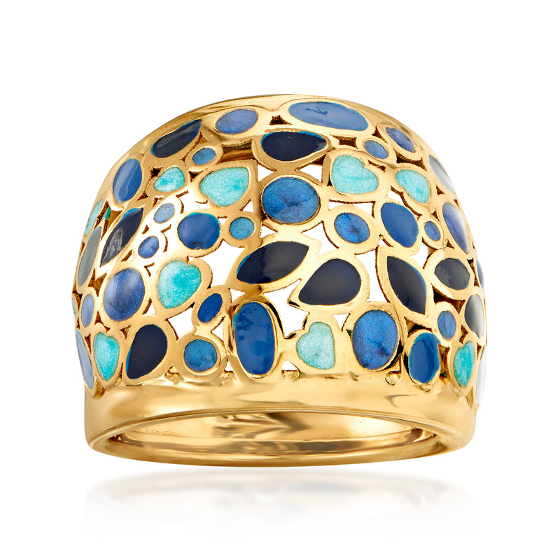 14kt yellow gold dome ring with blue enamel and turquoise inlaid mosaic design