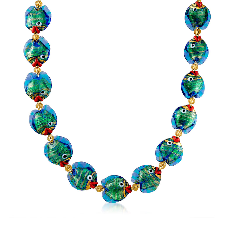 Multicolored Murano glass fish bead necklace with gold over sterling links