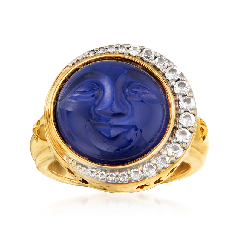 18kt gold over sterling ring with oval blue cabochon and white crystal halo