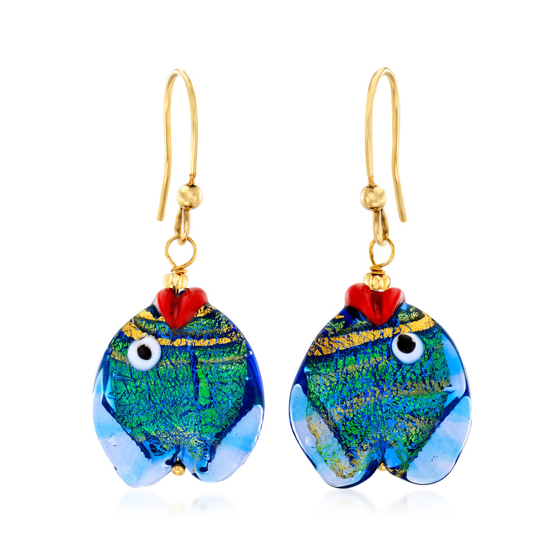 Murano glass fish drop earrings, gold-tone hooks, blue-green multicolor with red accents
