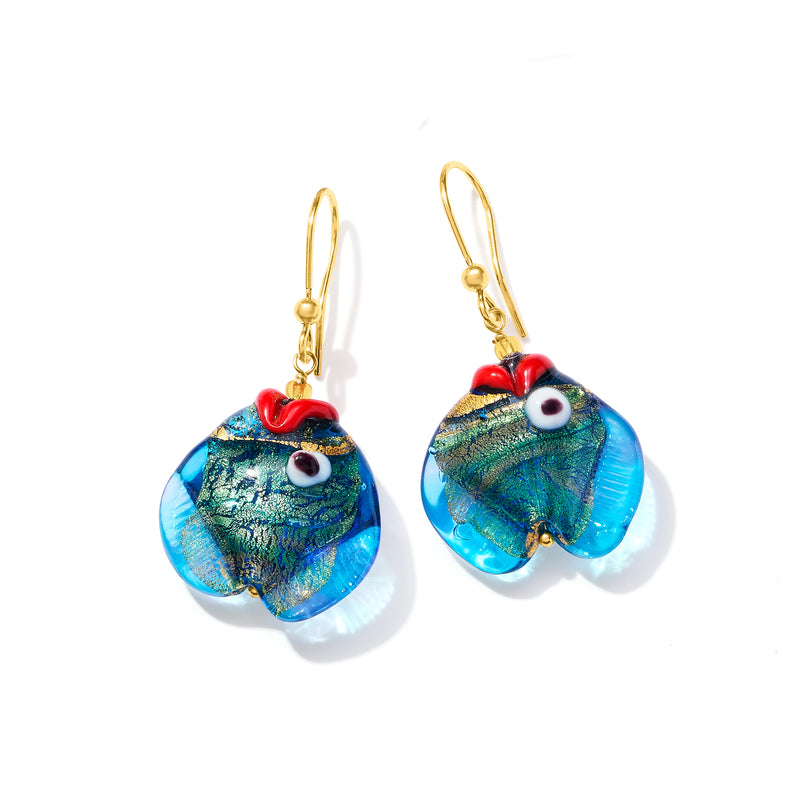 Murano glass fish drop earrings, gold-tone ear wires, teal blue fish with red top detail