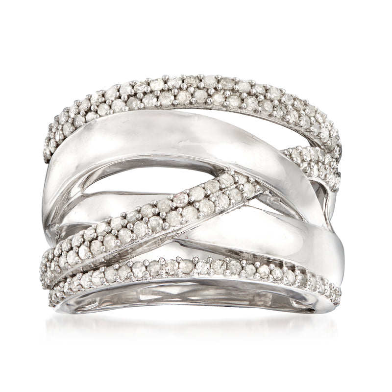 Sterling silver diamond highway ring with stacked pave bands and sparkling stones