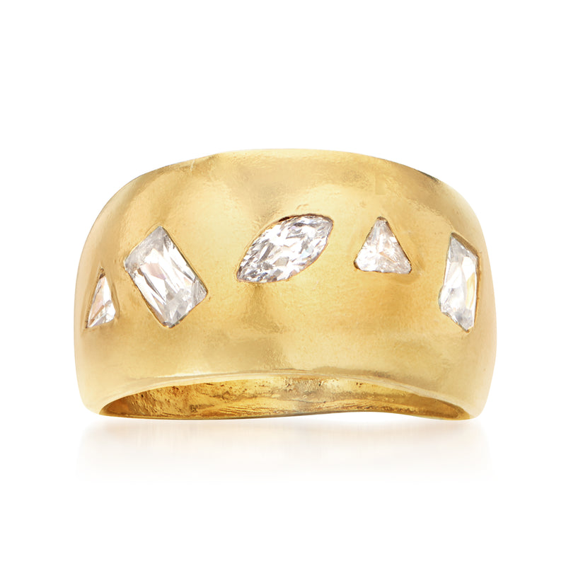 Gold dome ring with five clear CZ stones in geometric settings